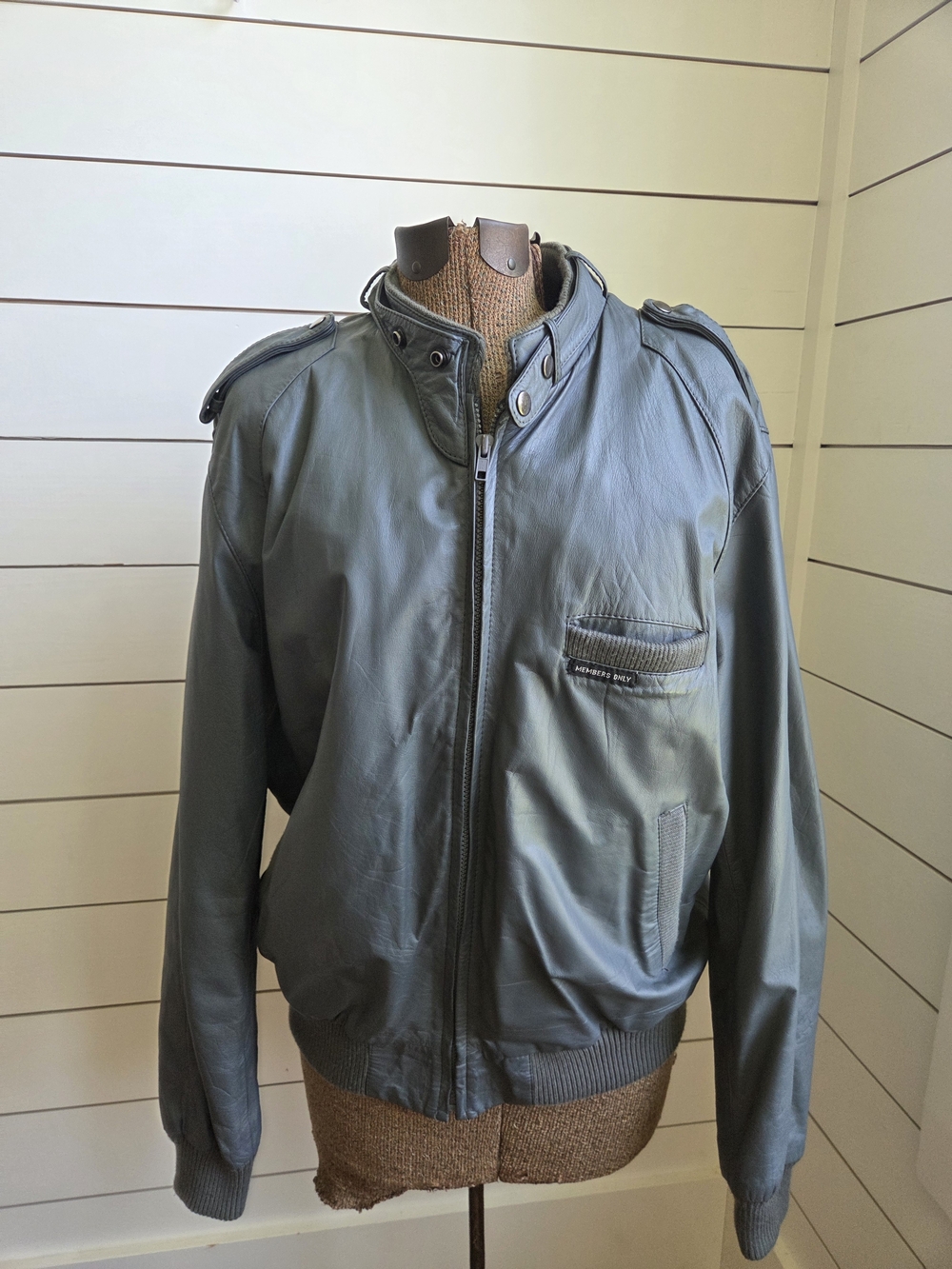 Members Only Slate Blue Leather Bomber Jacket